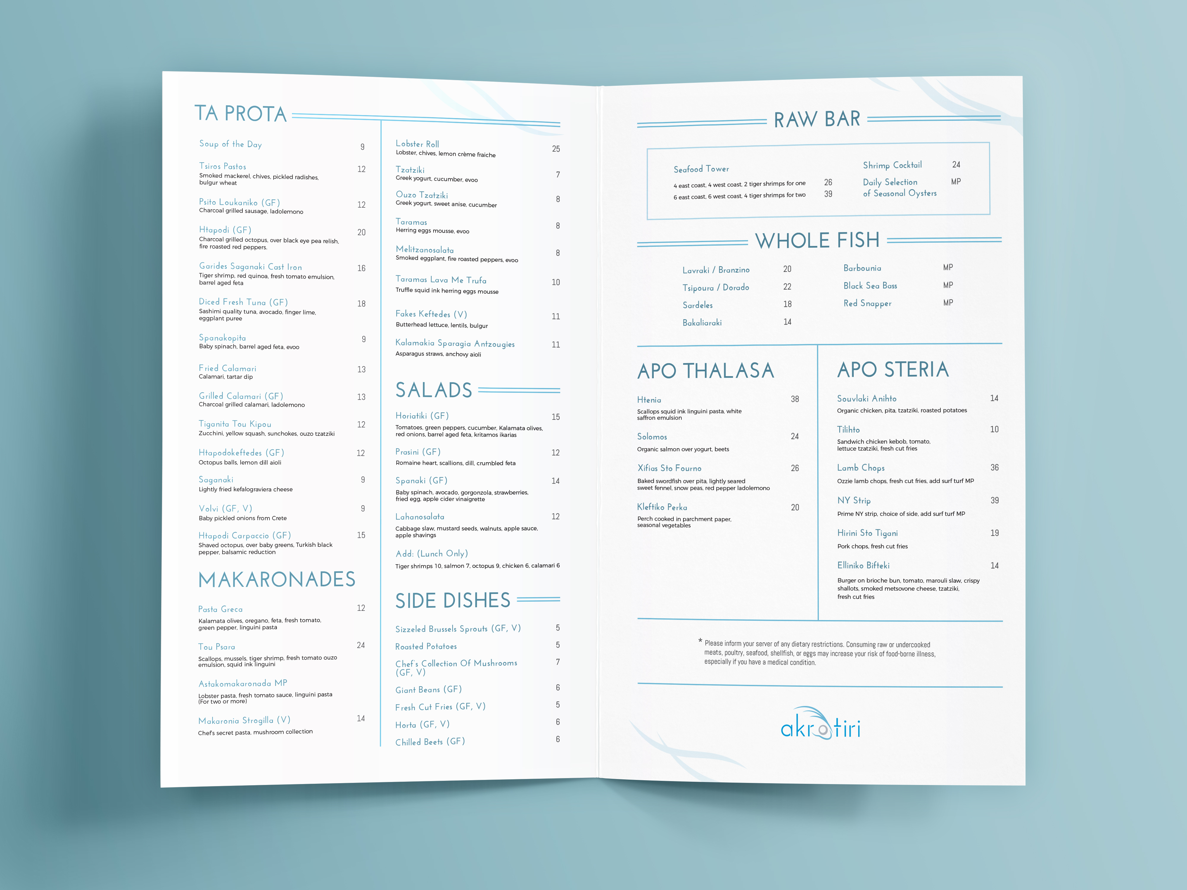 Akrotiri: Seafood Restaurant Menu & Print Design